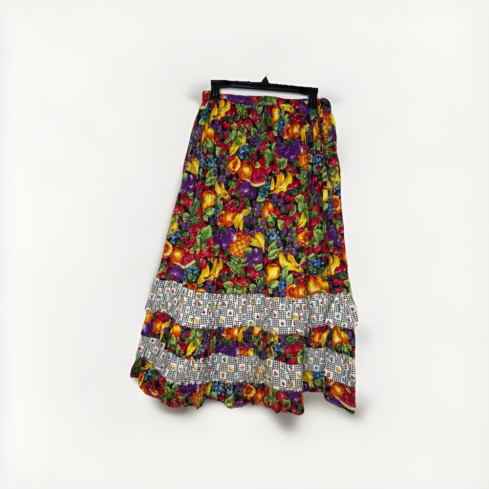 Vintage‎ Cactus Flower Skirt O/S Multicolor Fruit Peasant Maxi Boho Festival